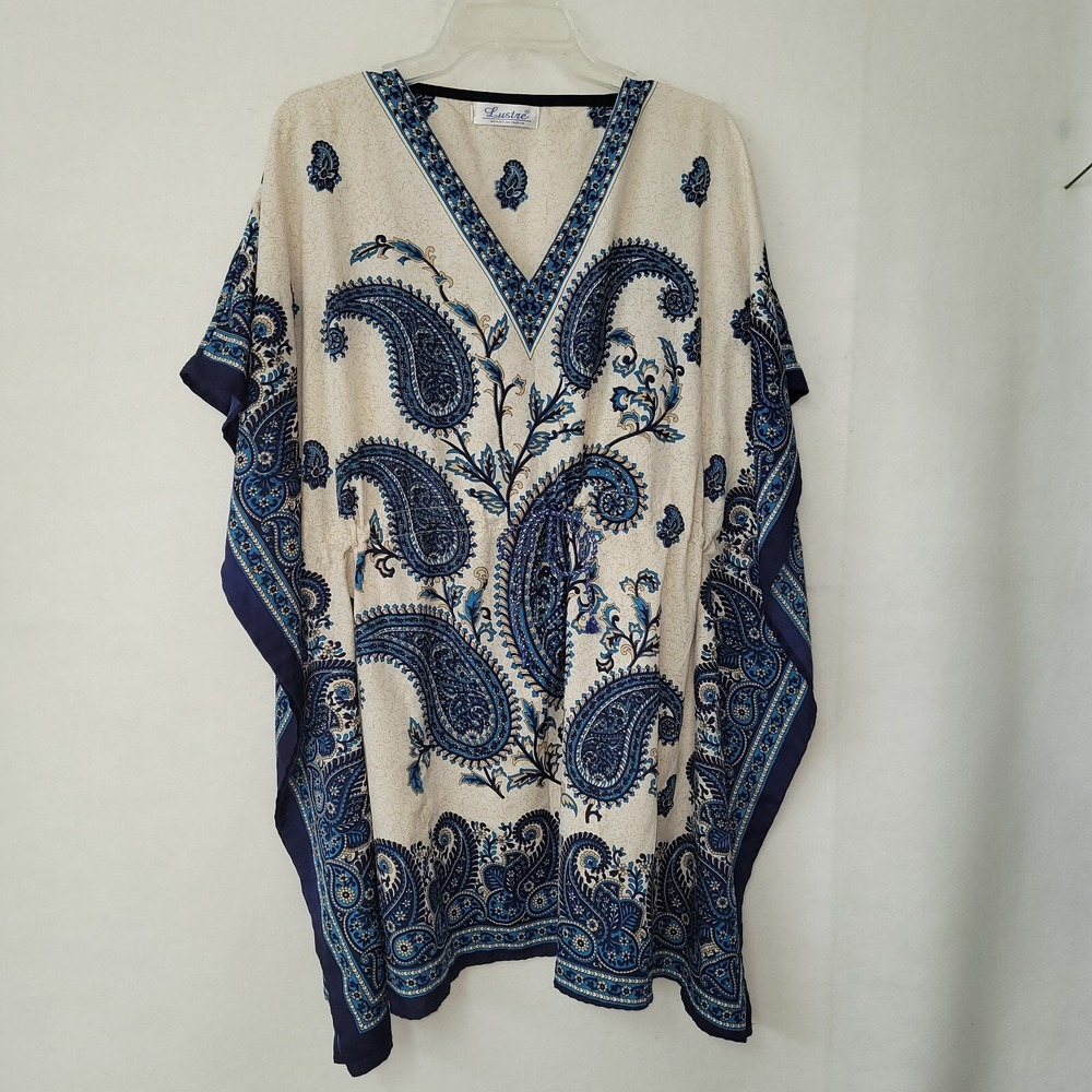 Lustre Kaftan Top Womens 36 Blue Cream Paisley Drawstring Waist V-Neck India